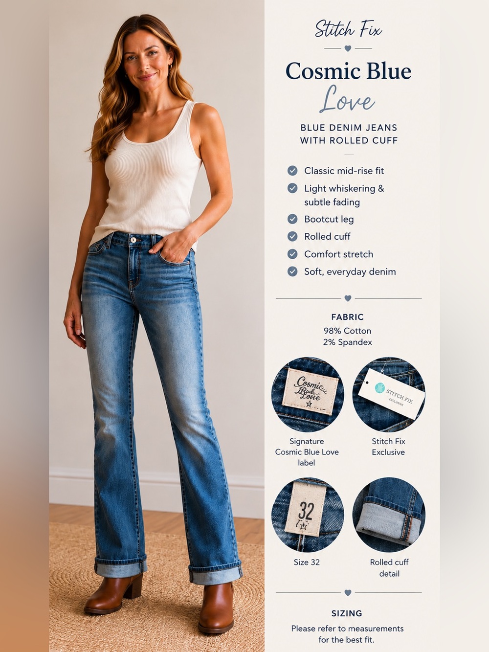 Cosmic Blue Love Stitch Fix Bootcut Rolled Cuff Stretch Jeans Sz 32 NWT